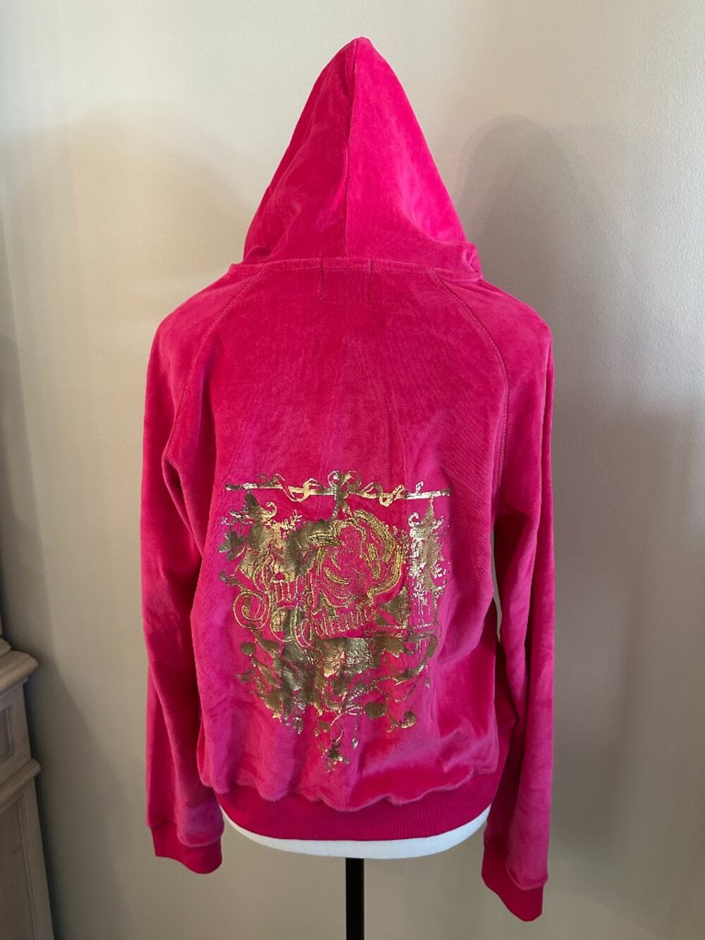 NWT Juicy Couture Hot Pink Velour Gold Graphic Zip Hoodie Y2K XL